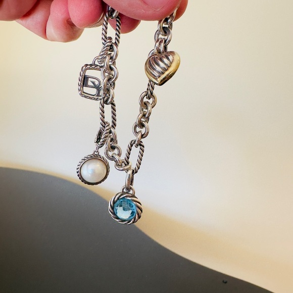 David Yurman Authentic Luxury Vintage Pearl Blue Topaz 18K Silver Charm Bracelet - Picture 15 of 17